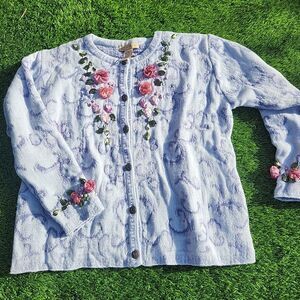 So Forth QVC Acrylic Wool Oatmeal 3D Roses Granny Core Cardigan Sweater Sz Large